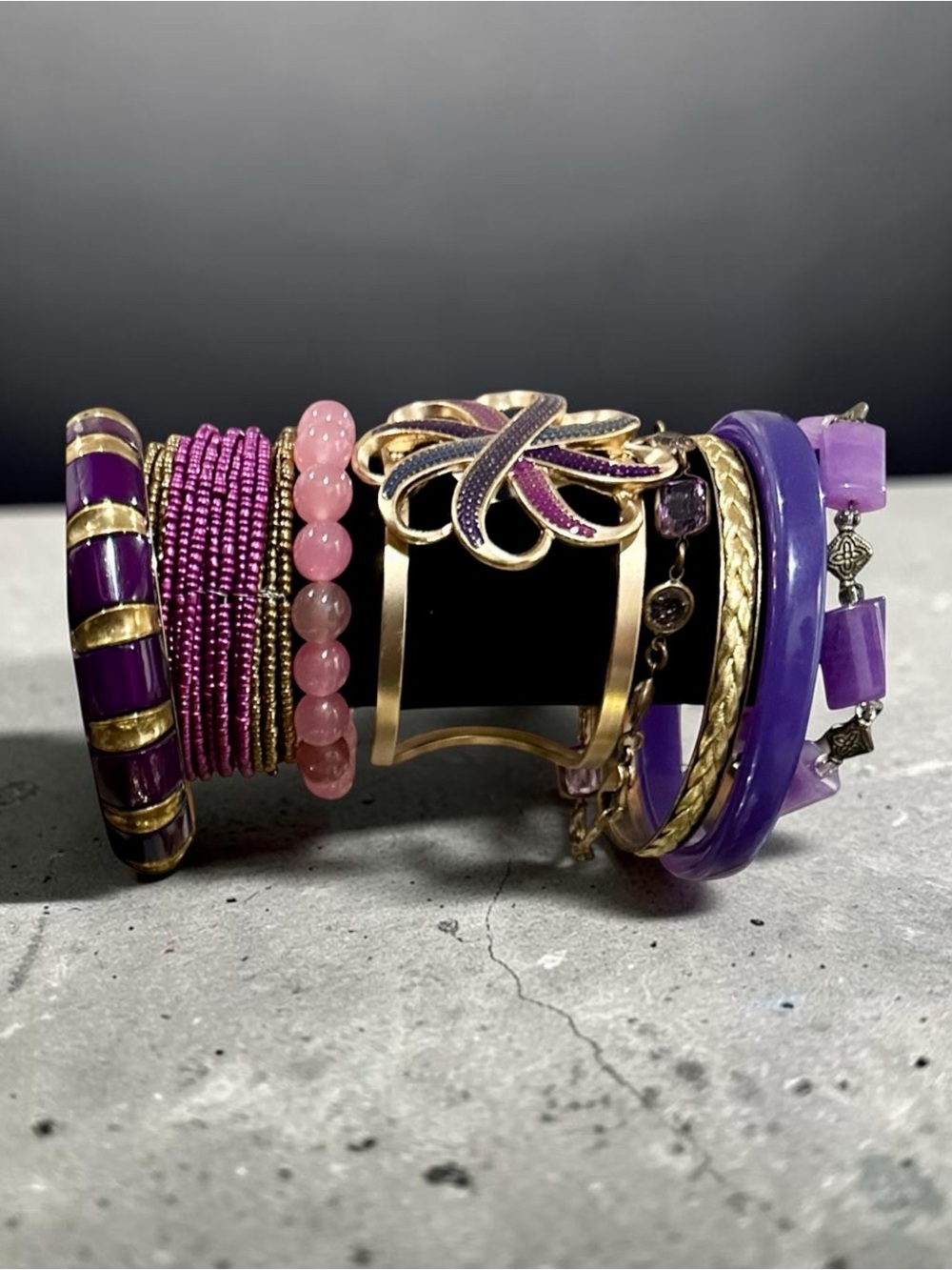 Vintage Boho Purple Gold Bracelet Lot Stack Cuffed Beaded Enamel Bangle Set 8pc